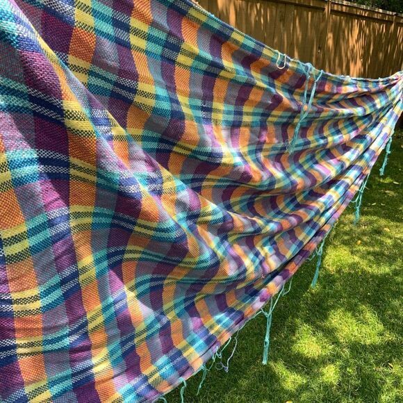 handmade hammock cotton purple yellow blue plaid tartan camping colourful - Picture 4 of 9